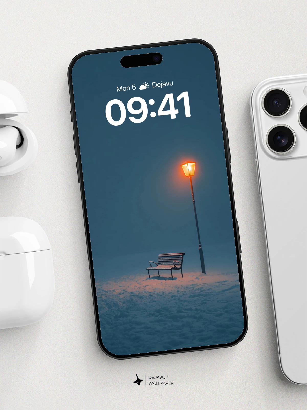 Winter Solitude Lamp Bench Wallpaper 8K for iPhone and Android
