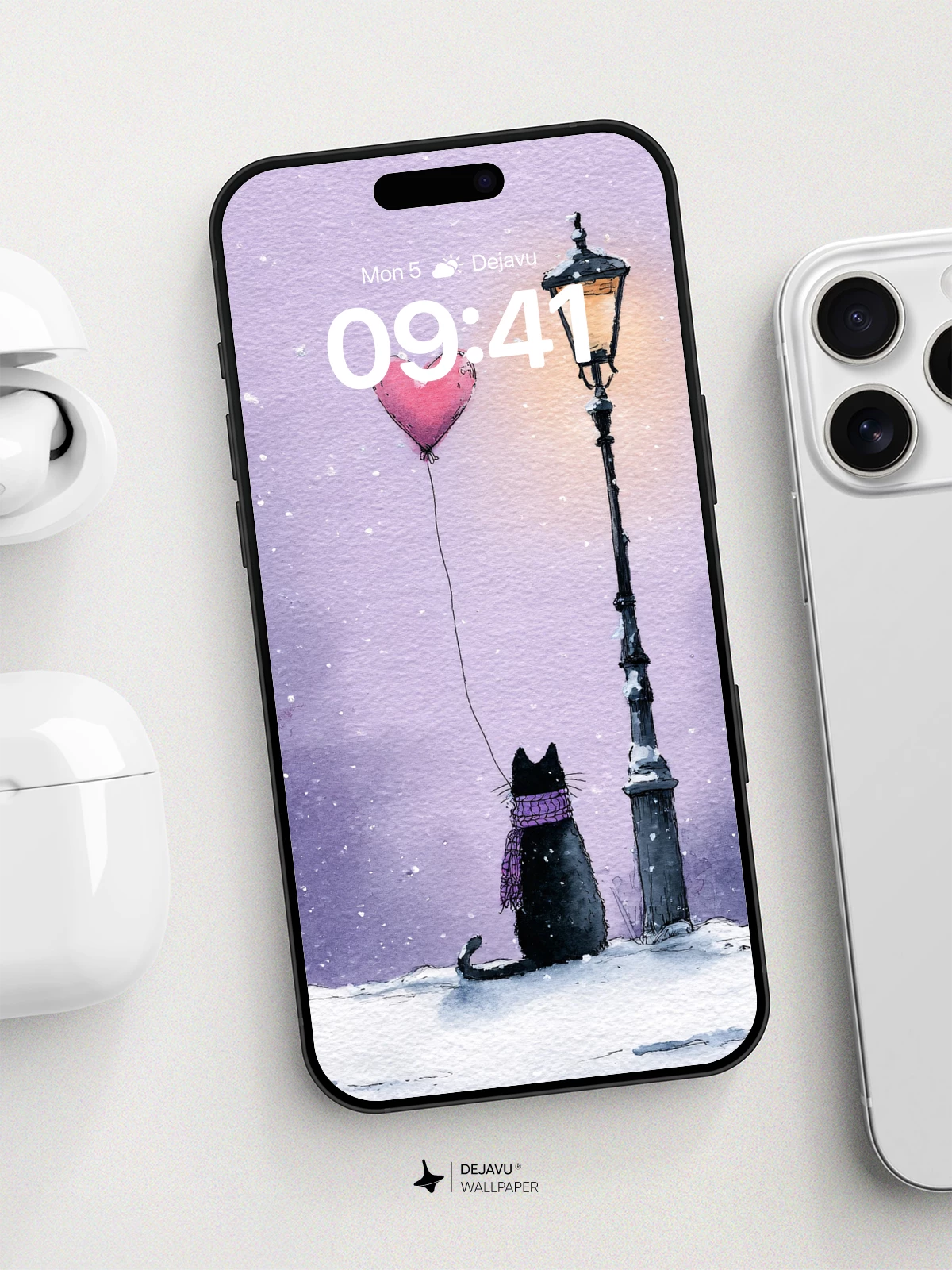 Whimsical Winter Cat With Heart Balloon Wallpaper 8K for iPhone and Android
