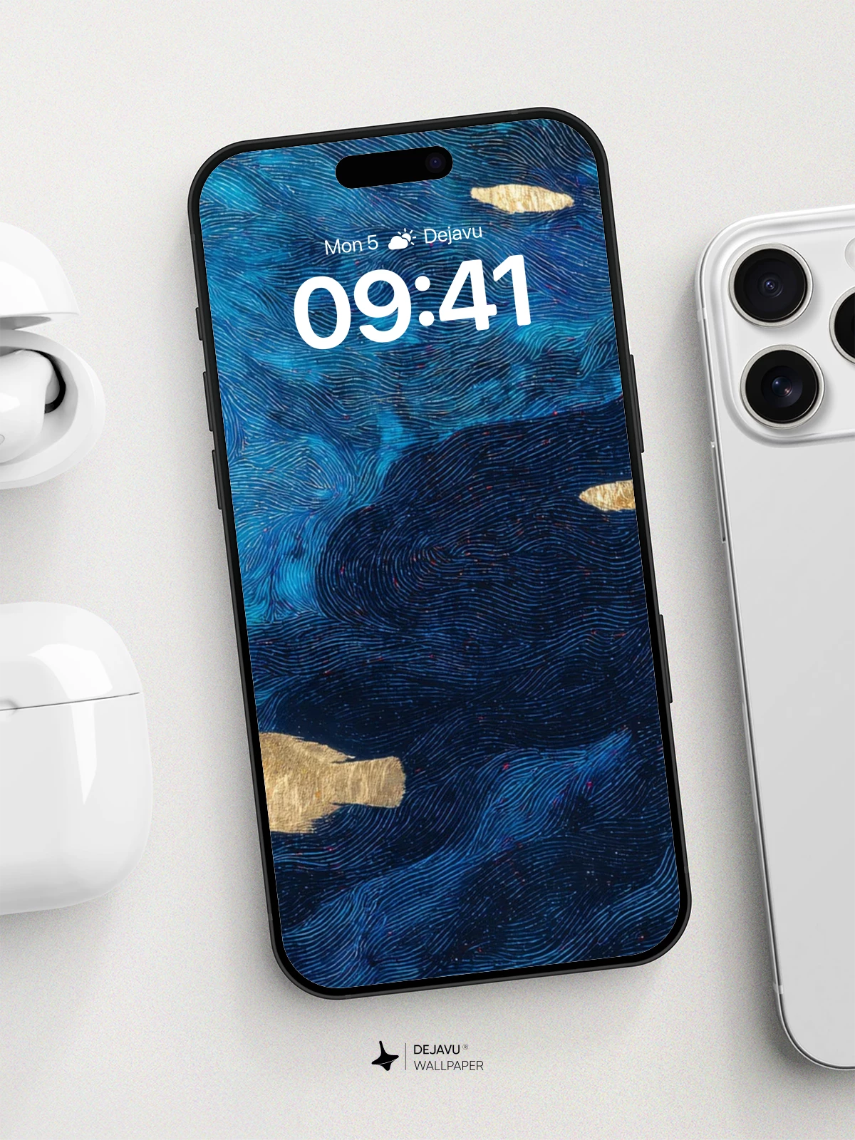 Golden Fish in Deep Blue Waves Wallpaper 8K for iPhone and Android