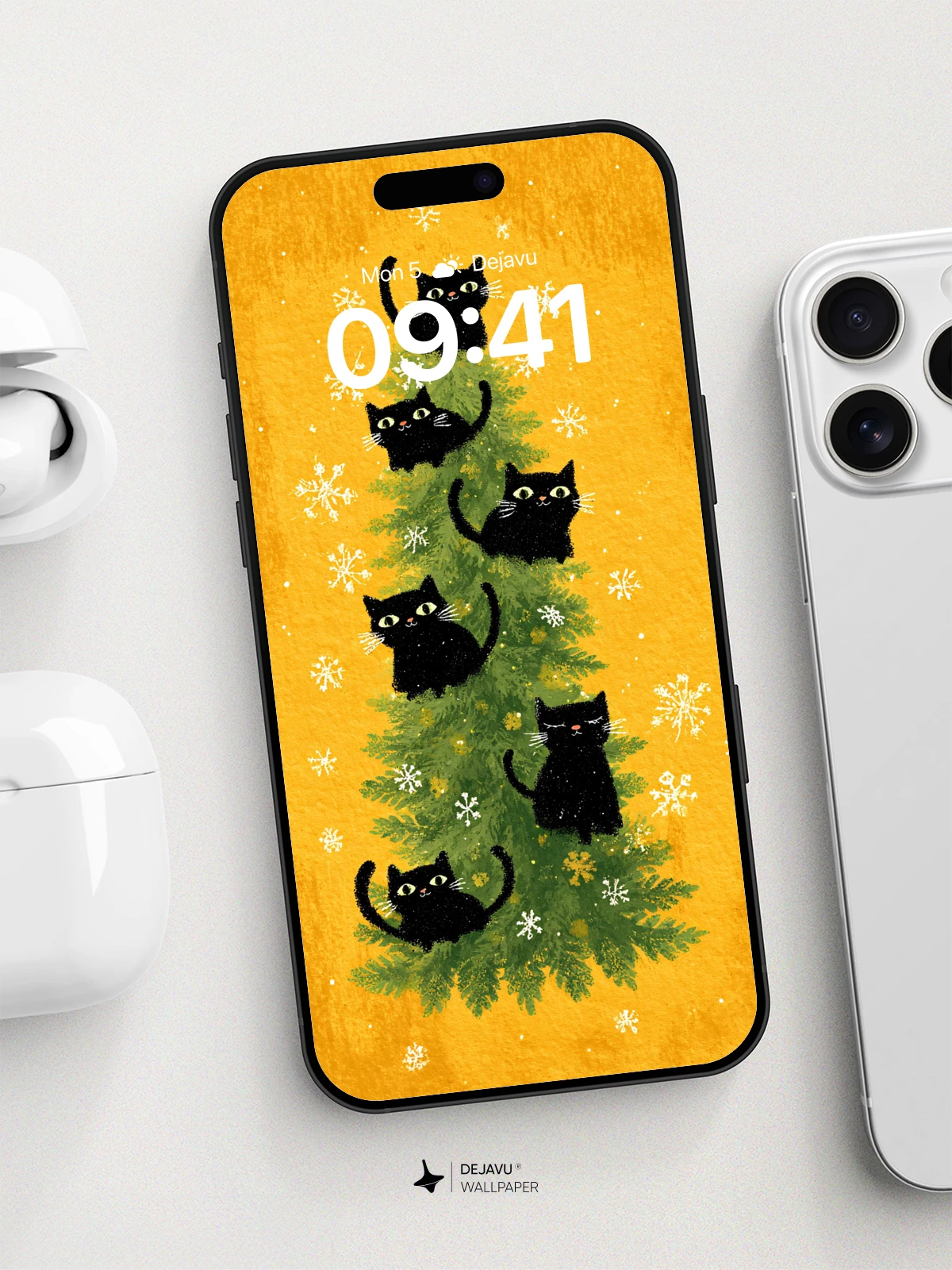 Whimsical Black Cats Christmas Tree Wallpaper 8K for iPhone and Android