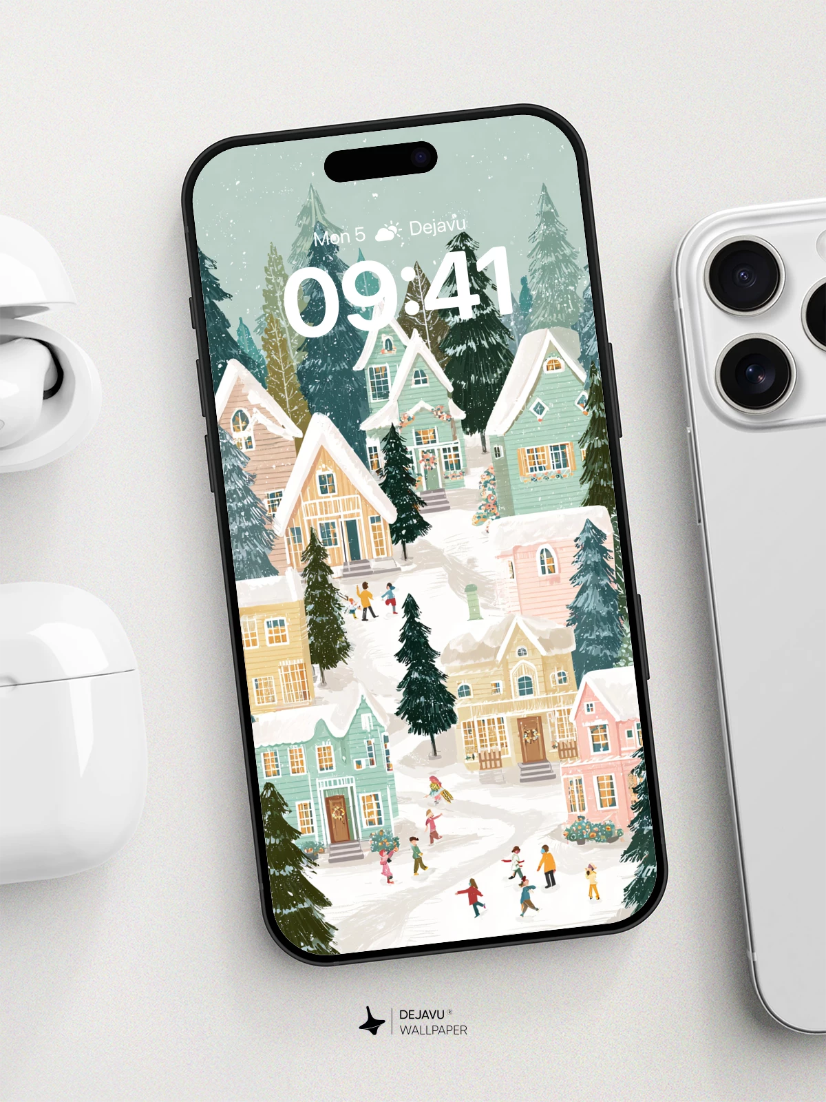 Whimsical Winter Village Wallpaper 8K for iPhone and Android