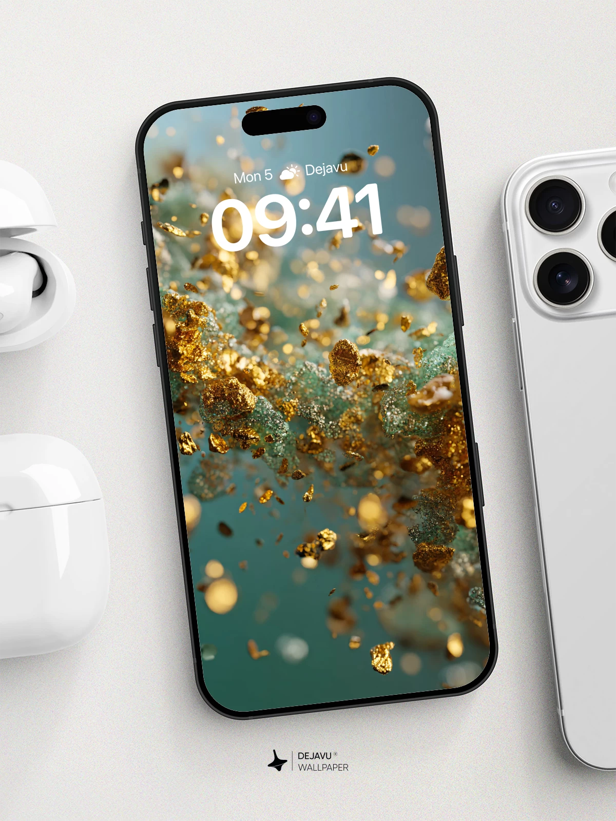 Golden Particles Floating in Aqua Waves Wallpaper 8K