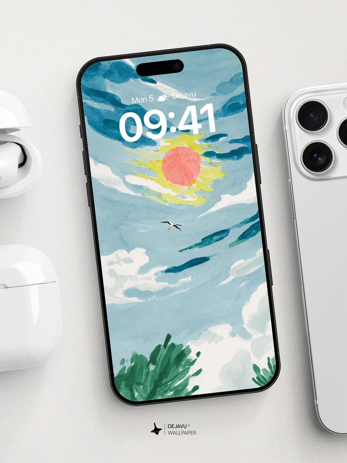 Watercolor Sky With Flying Bird Wallpaper 8K for iPhone and Android