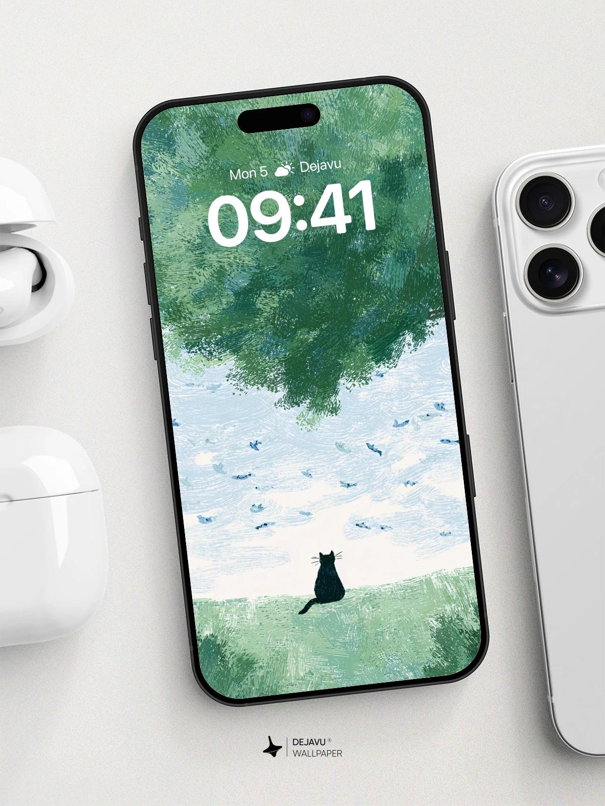 Surreal Cat Under Tree Wallpaper 8K for iPhone and Android