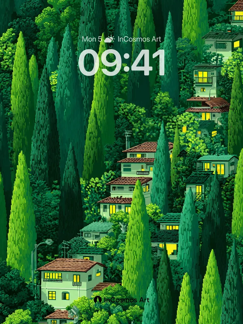 Luminous Forest Wallpaper with Hidden Homes