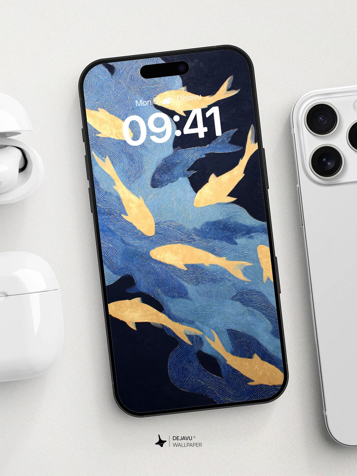 Golden Koi in Blue Waves Wallpaper 8K for iPhone and Android