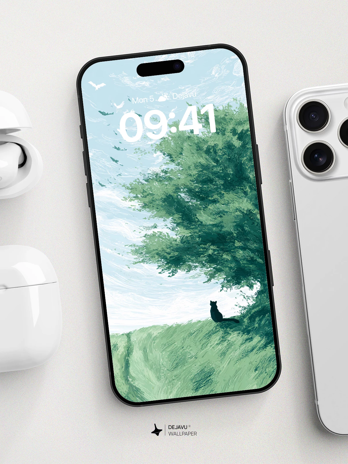 Whispering Tree and Solitary Cat Wallpaper 8K for iPhone and Android
