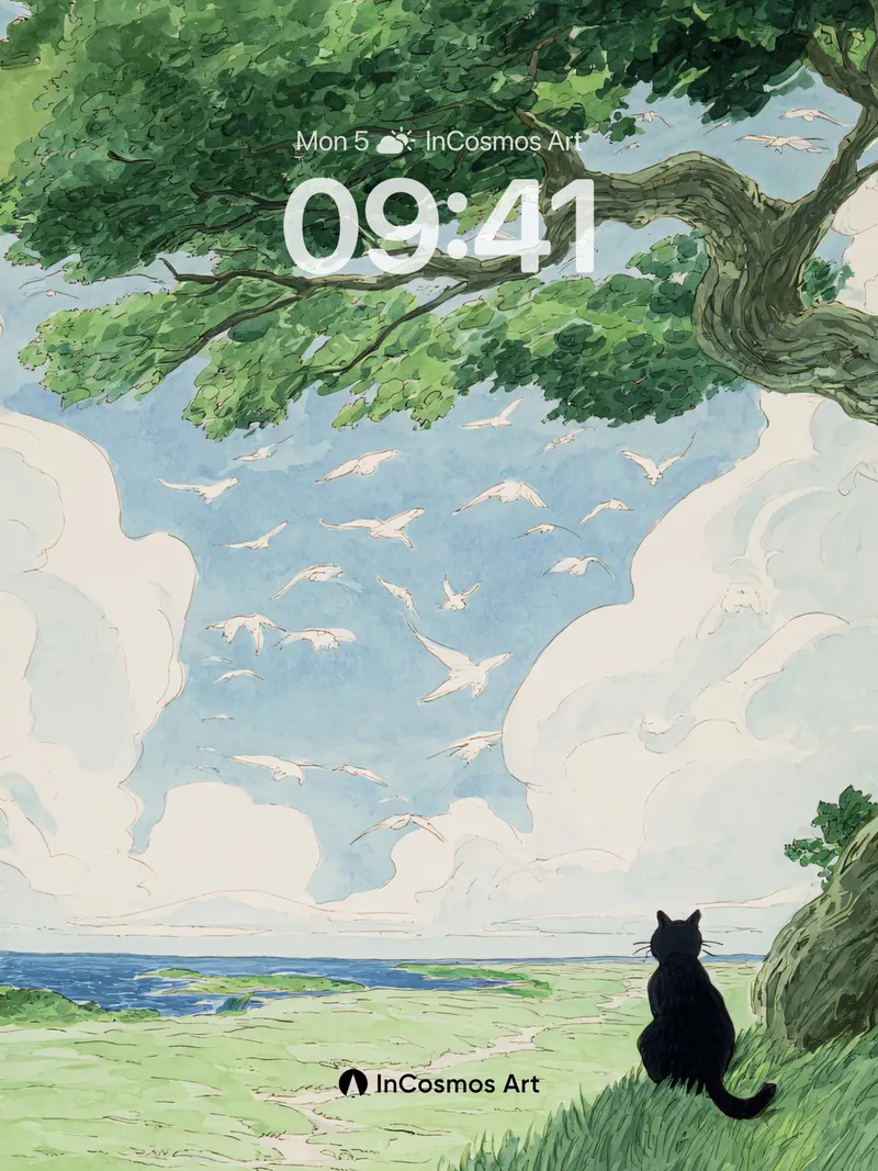 Serenity Under Canopy Wallpaper with Skyward Gulls