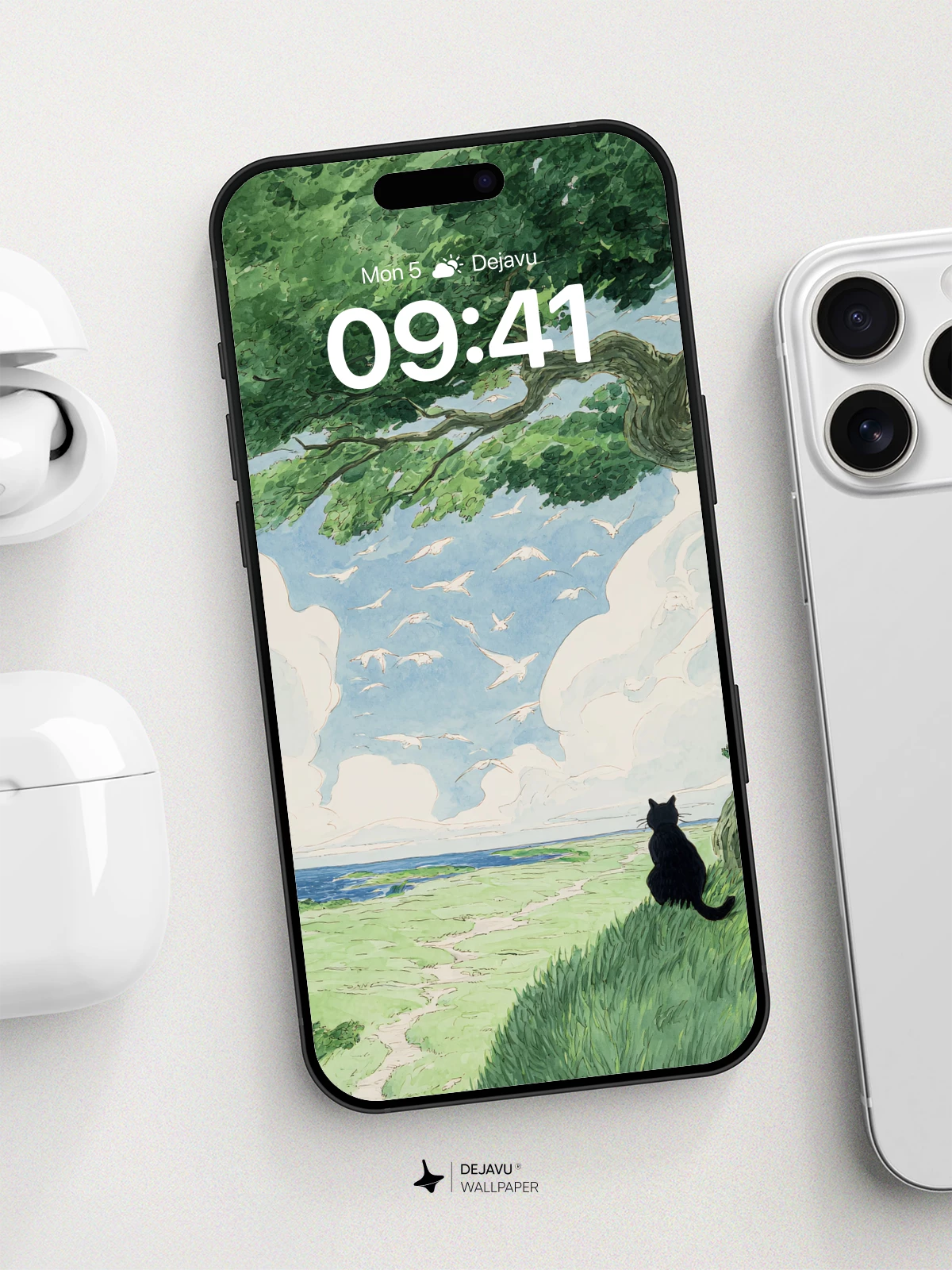 Serene Cat Under Tree Wallpaper 8K for iPhone and Android