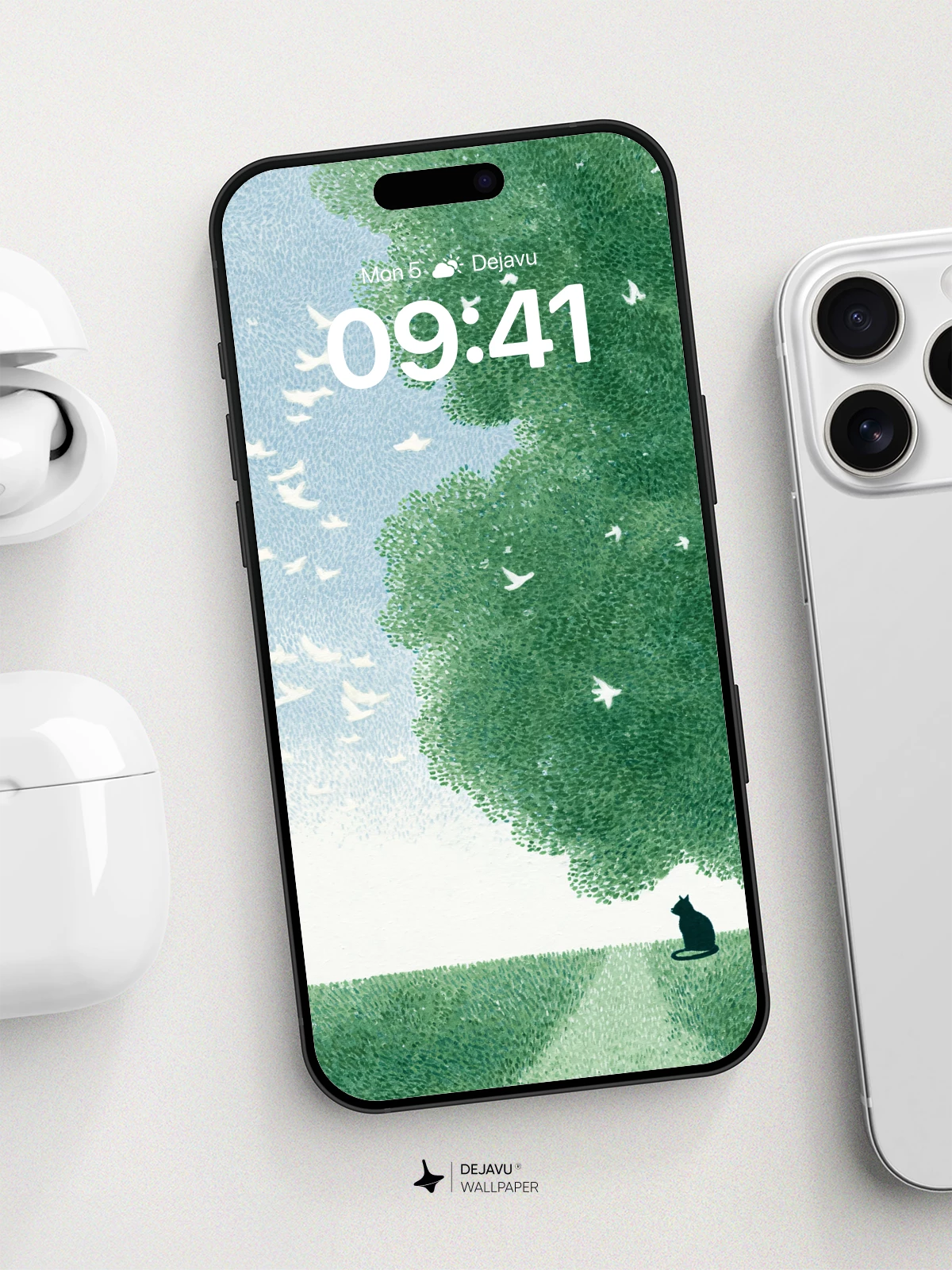 Whispering Tree and Solitary Cat Wallpaper 8K for iPhone and Android