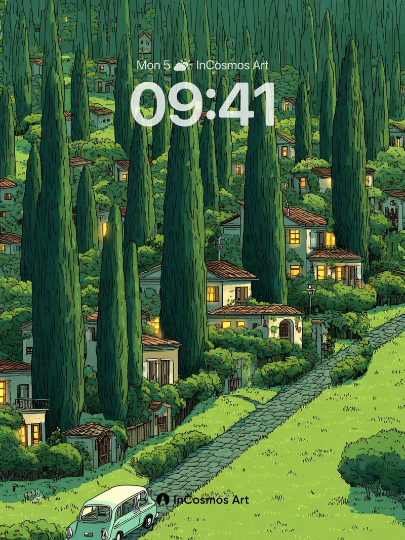 Whispering Cypress Wallpaper with Vintage Van