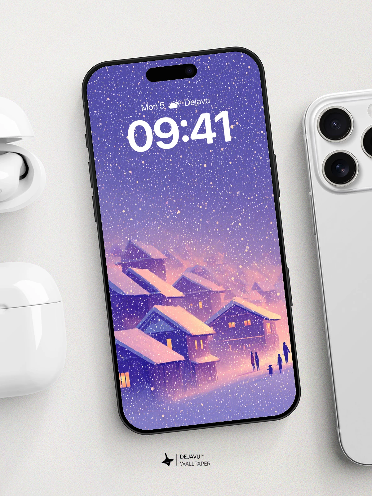 Winter Village Snowfall Wallpaper 8K for iPhone and Android