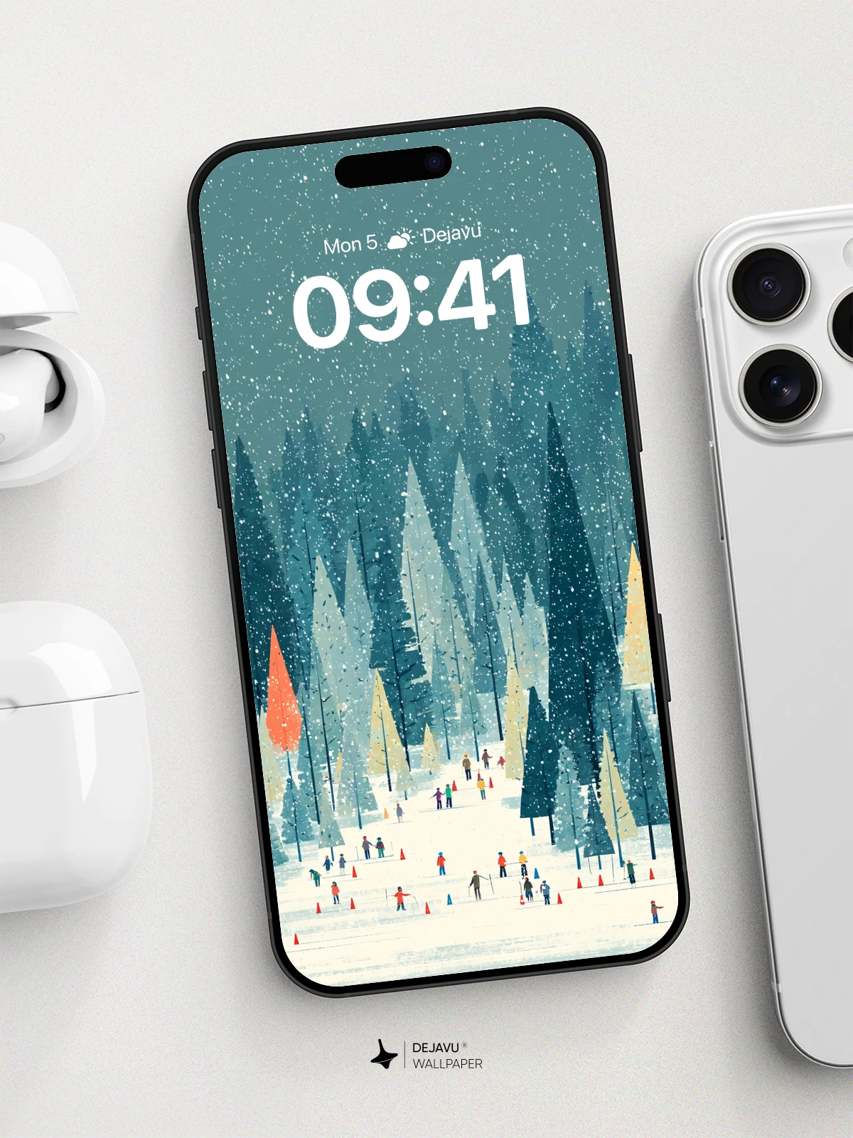 Winter Forest Ski Scene Wallpaper 8K for iPhone and Android