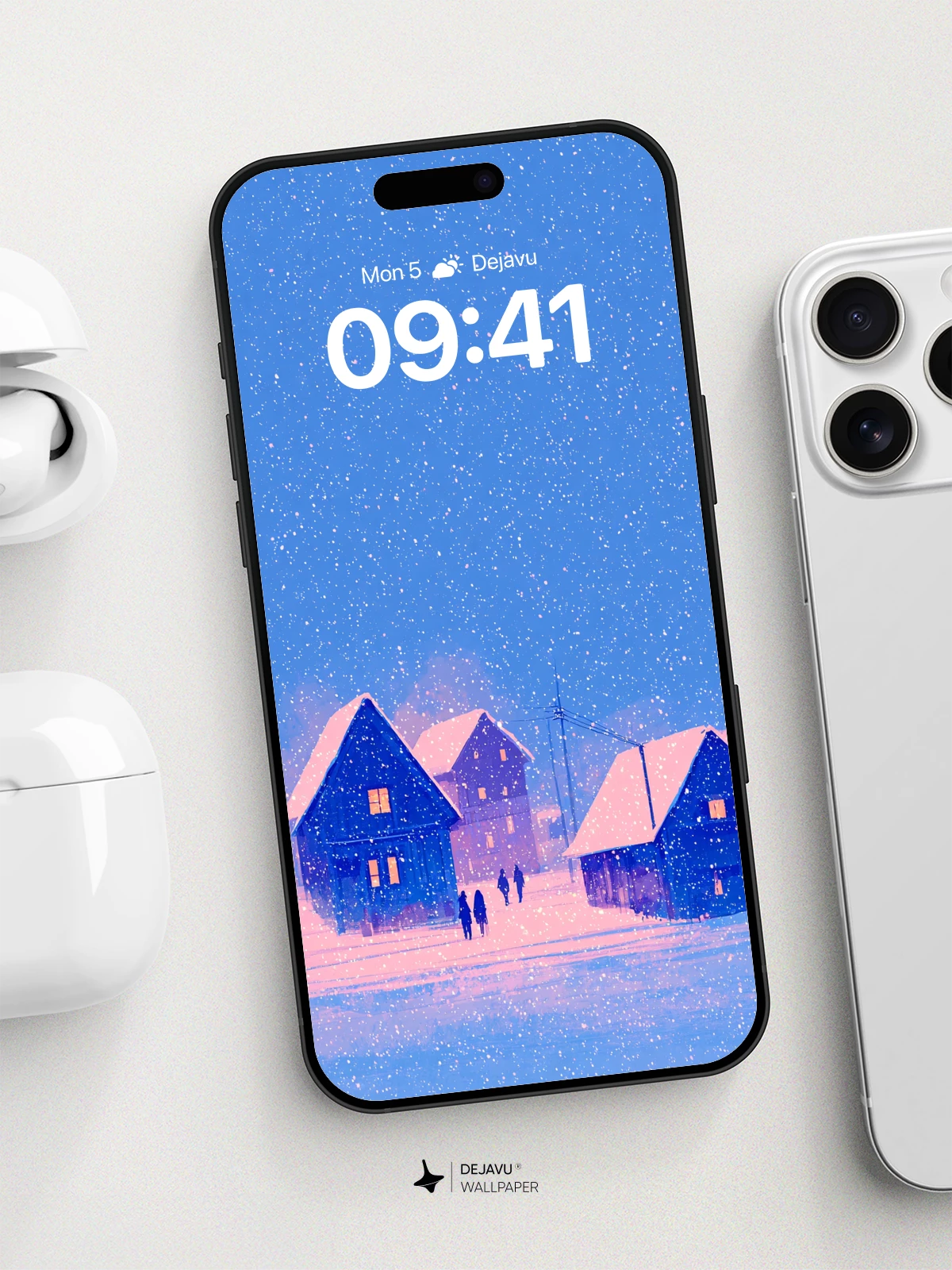 Winter Village Snowfall Wallpaper 8K for iPhone and Android