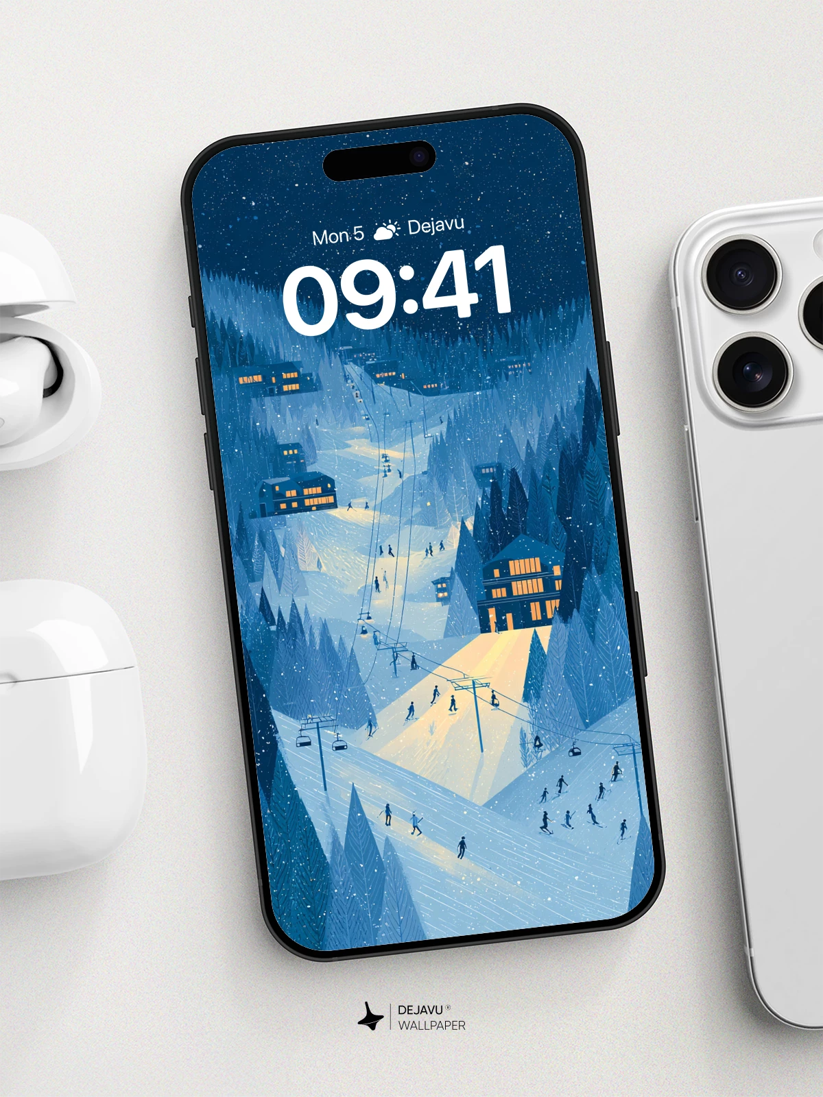Winter Ski Resort Night Scene Wallpaper 8K for iPhone and Android