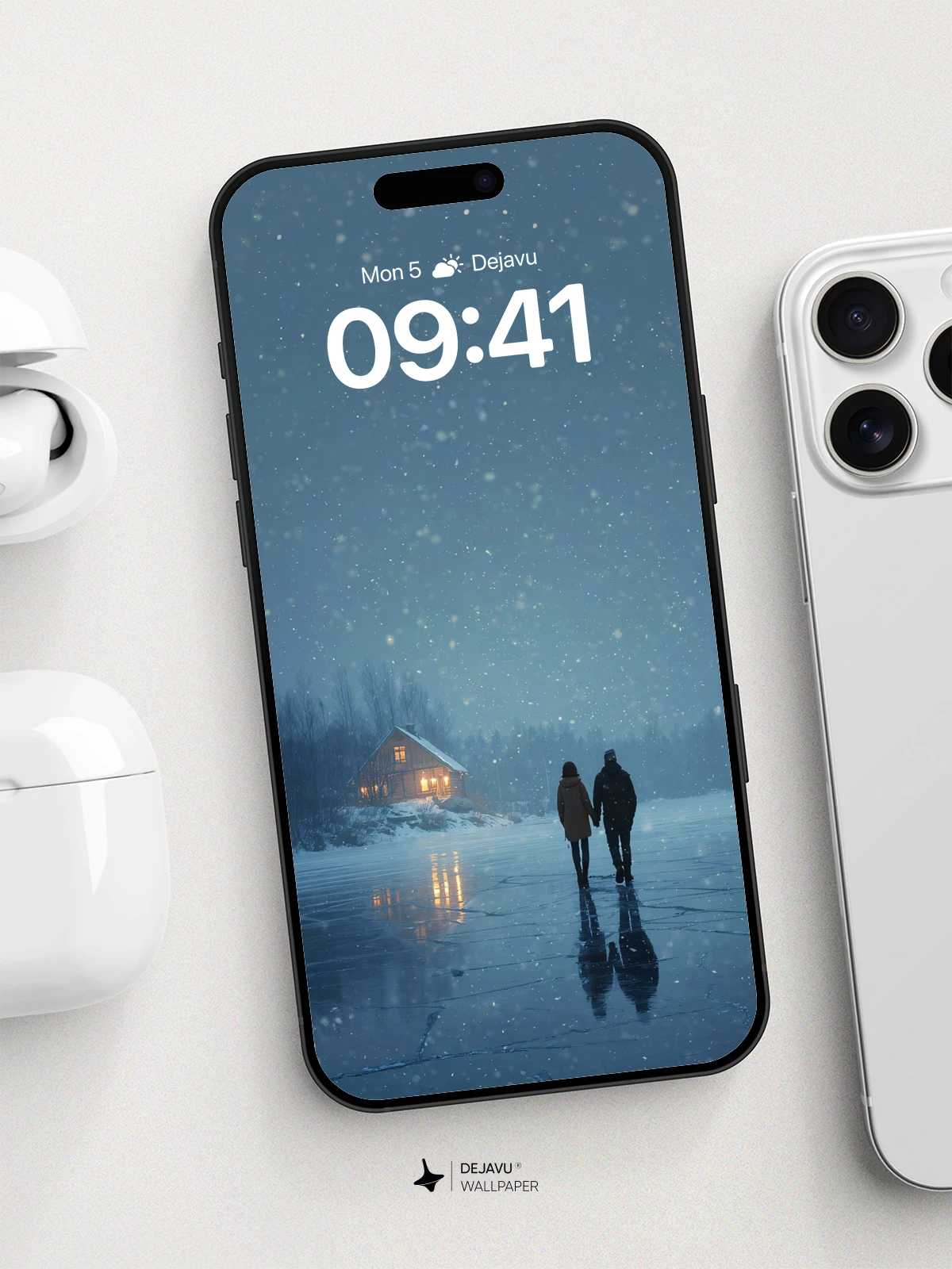 Winter Cabin Reflections Wallpaper 8K for iPhone and Android