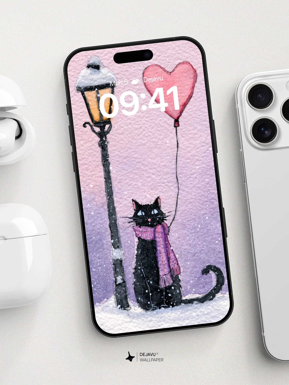 Whimsical Winter Cat With Heart Balloon Wallpaper 8K