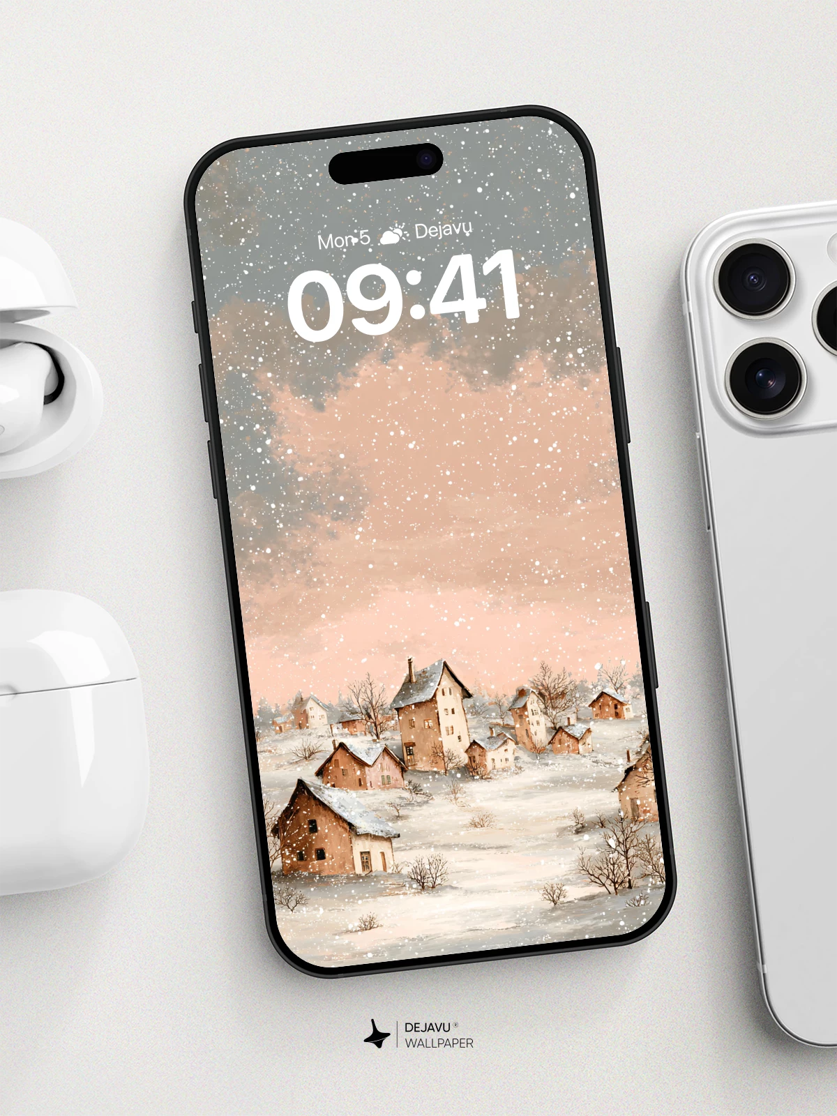 Winter Village Snowfall Wallpaper 8K for iPhone and Android