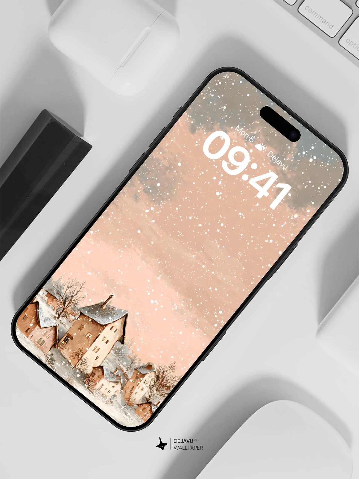 Winter Village Snowfall Wallpaper 8K for iPhone and Android