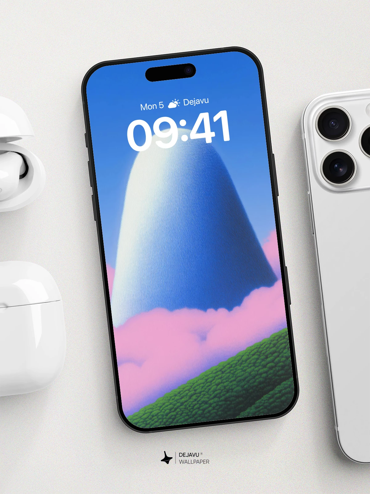 Surreal Blue Mountain Above Pink Clouds Wallpaper 8K