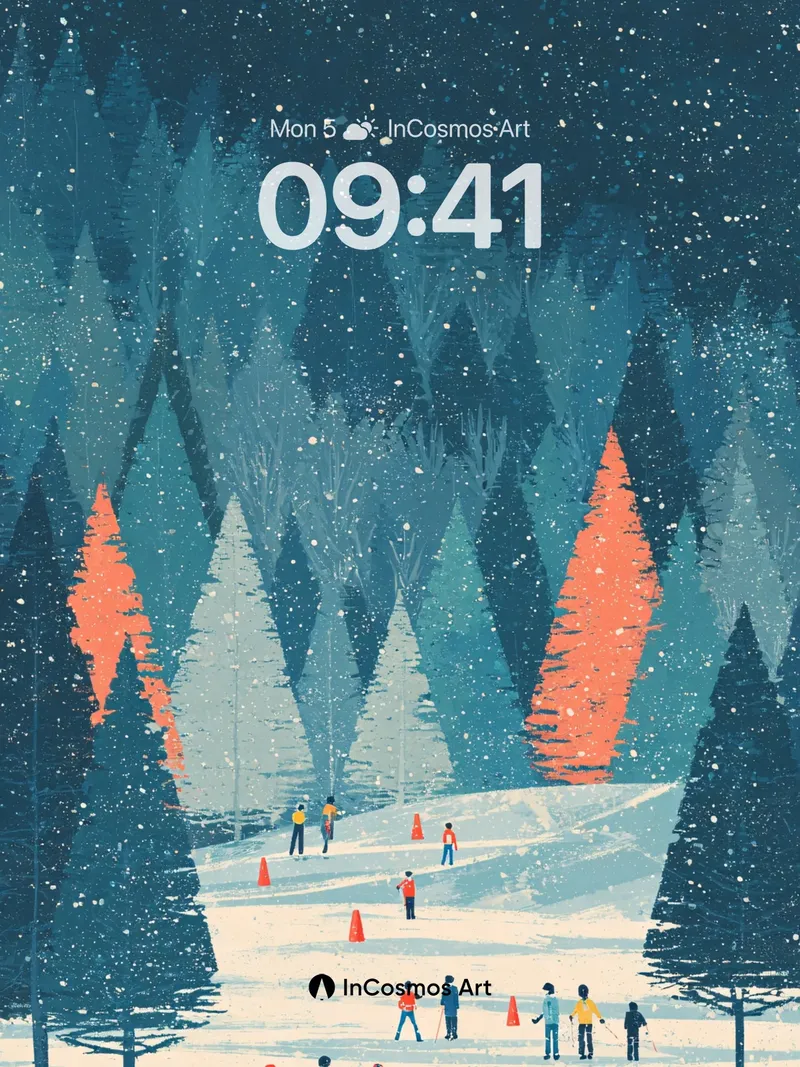 Whispering Snowfall Wallpaper with Geometric Forest