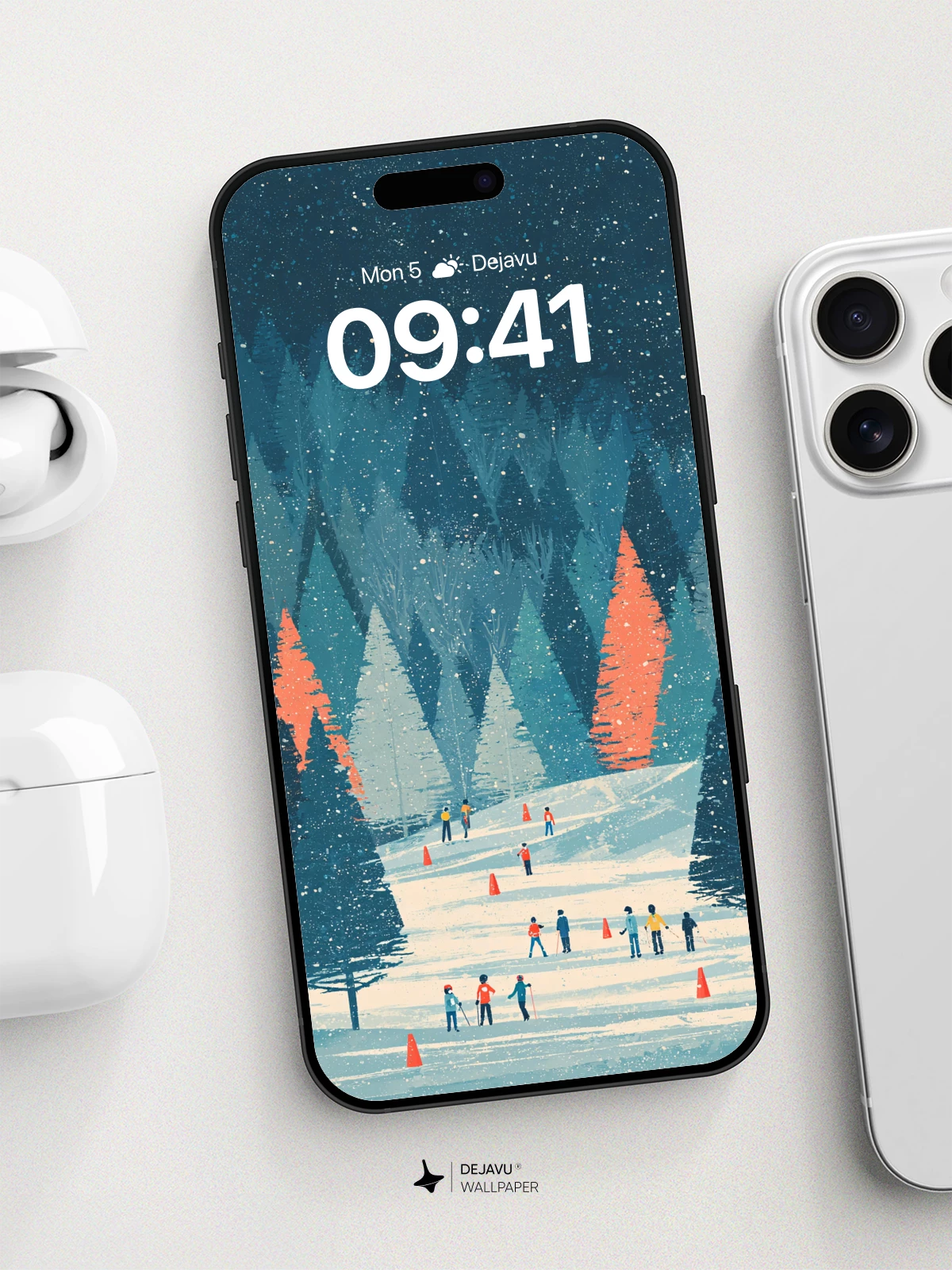 Winter Forest Ski Scene Wallpaper 8K for iPhone and Android