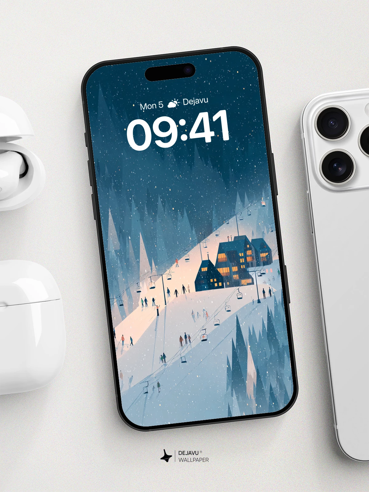 Winter Ski Resort Night Scene Wallpaper 8K for iPhone and Android