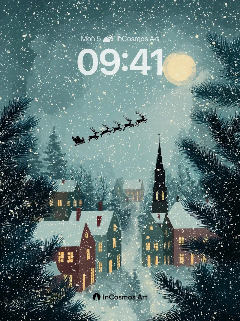 Moonlit Reindeer Flight Wallpaper with Snow-Kissed Village