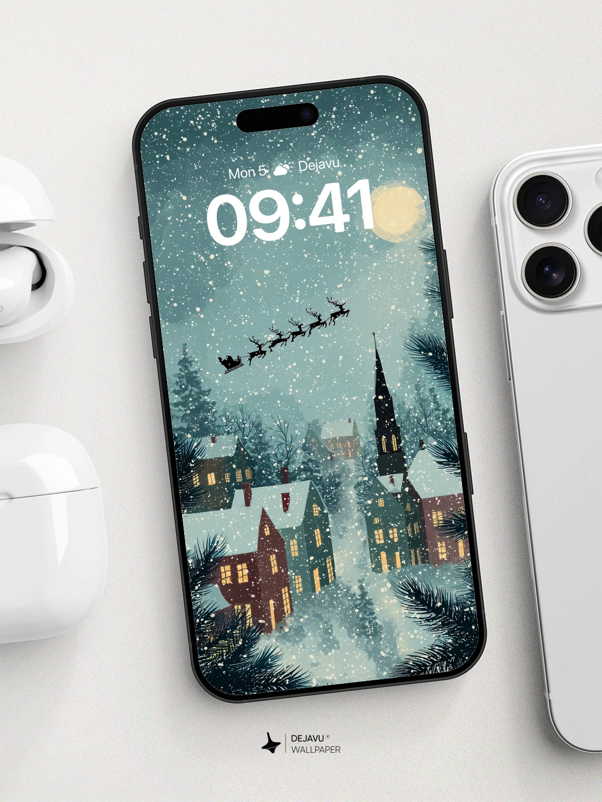 Christmas Village Night Sky Wallpaper 8K for iPhone and Android