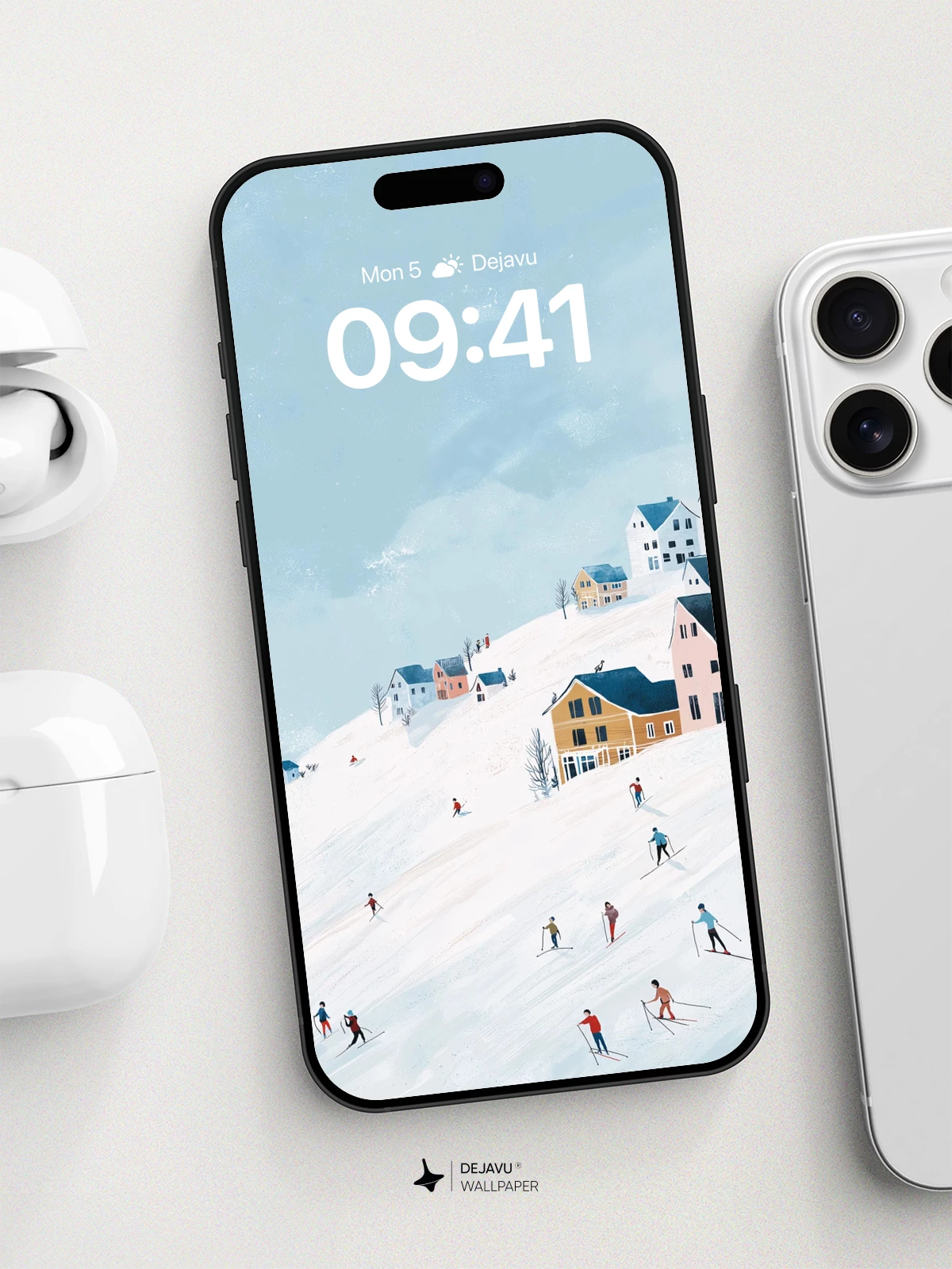 Winter Village Ski Scene Wallpaper 8K for iPhone and Android