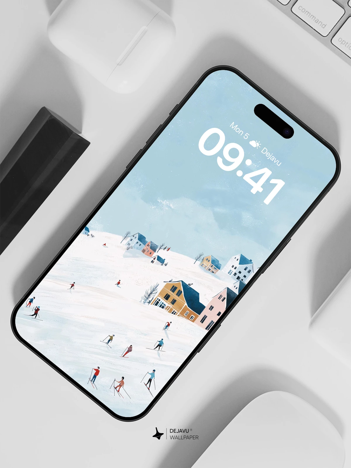 Winter Village Ski Scene Wallpaper 8K for iPhone and Android
