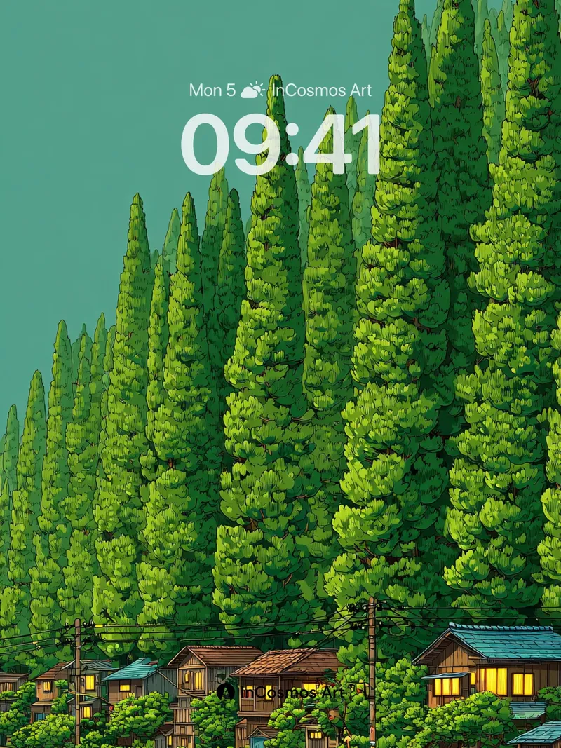 Calm Pine Forest Wallpaper with Wooden Homes