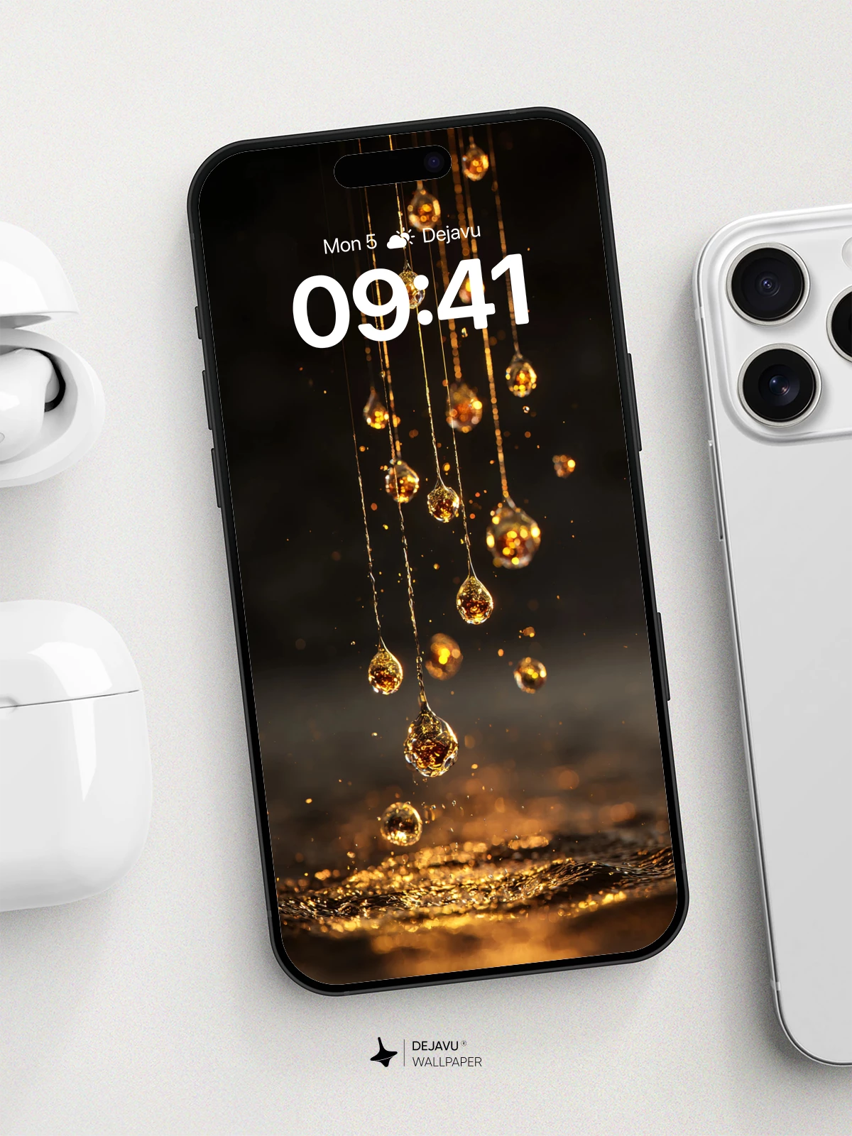 Golden Droplets Falling Wallpaper 8K for iPhone and Android