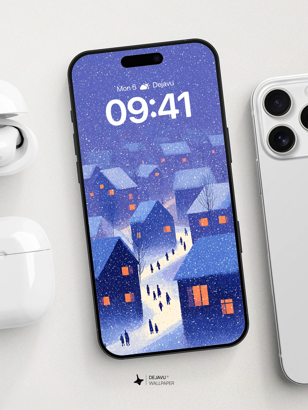 Winter Village Snowfall Wallpaper 8K for iPhone and Android