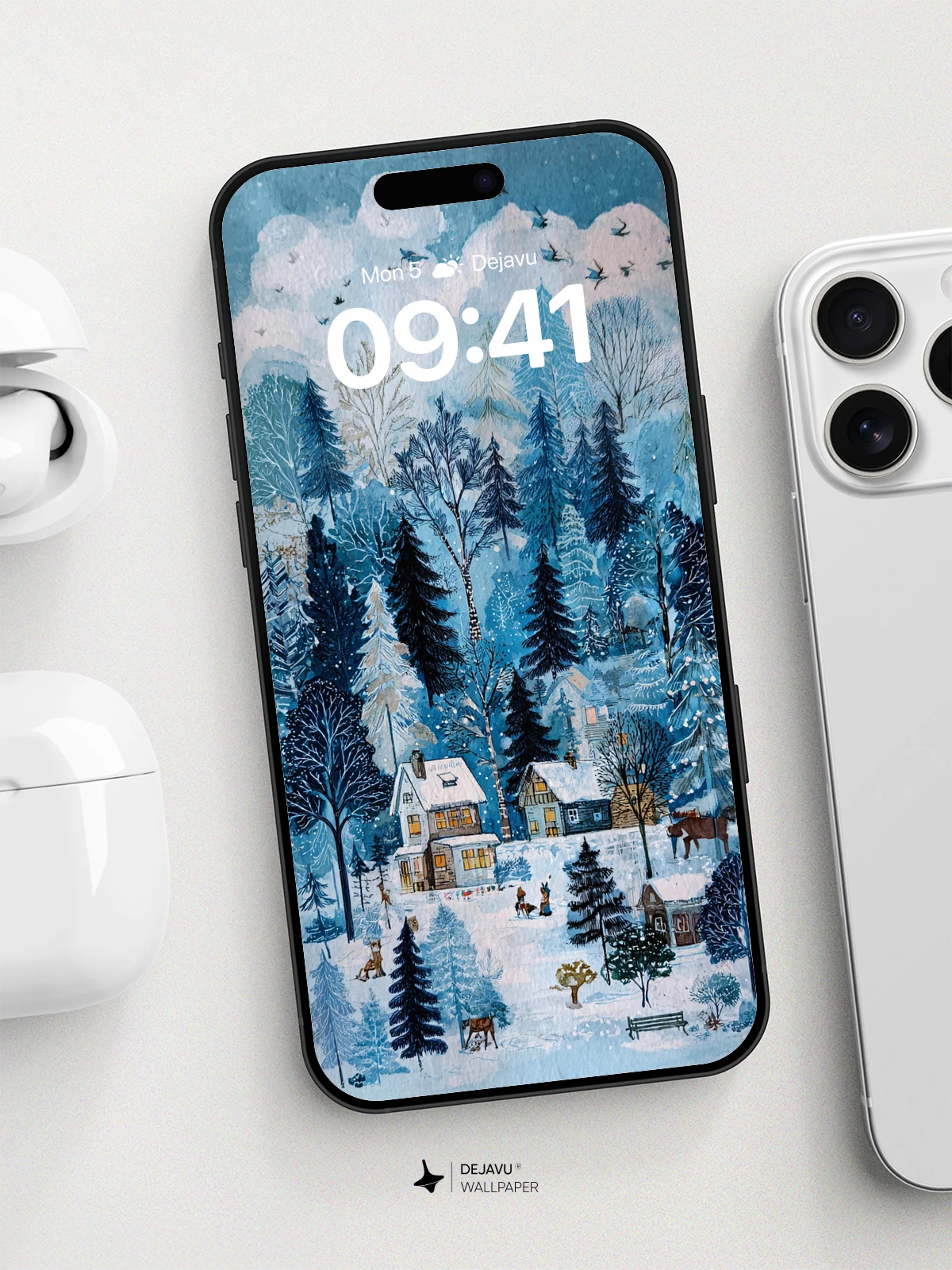 Winter Forest Village Wallpaper 8K for iPhone and Android