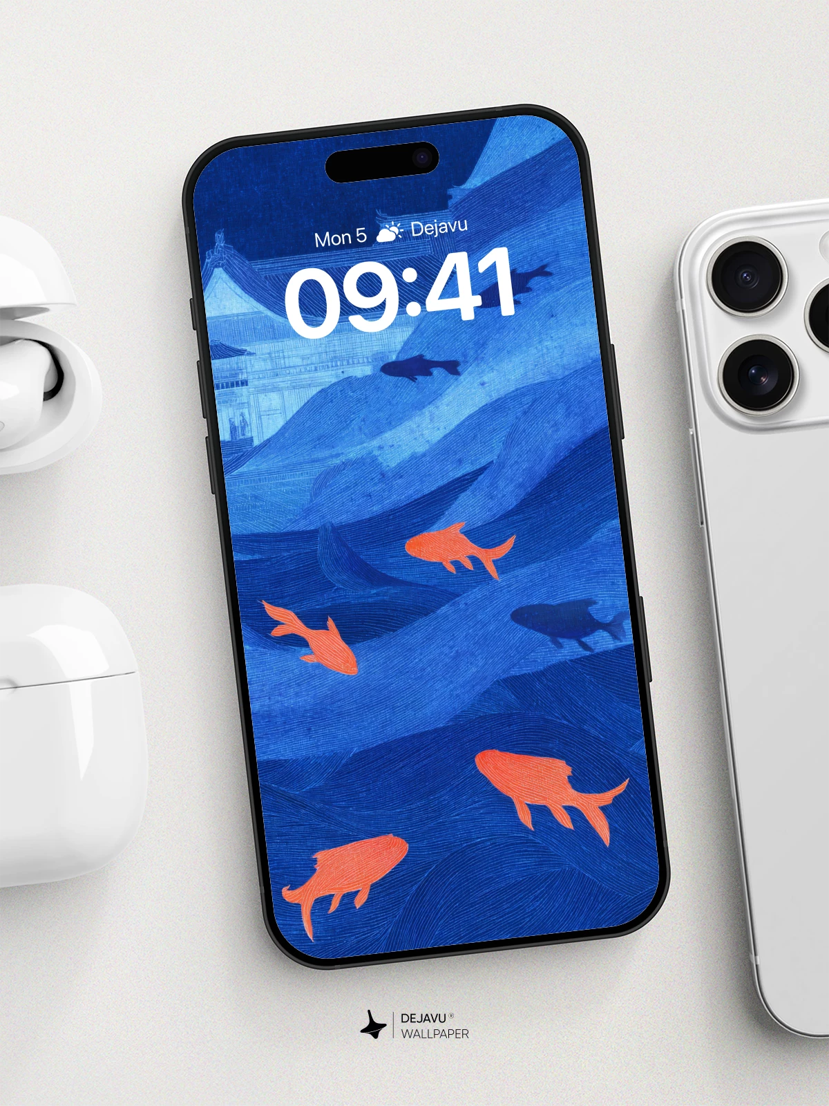 Blue Wave Koi Garden Wallpaper 8K for iPhone and Android