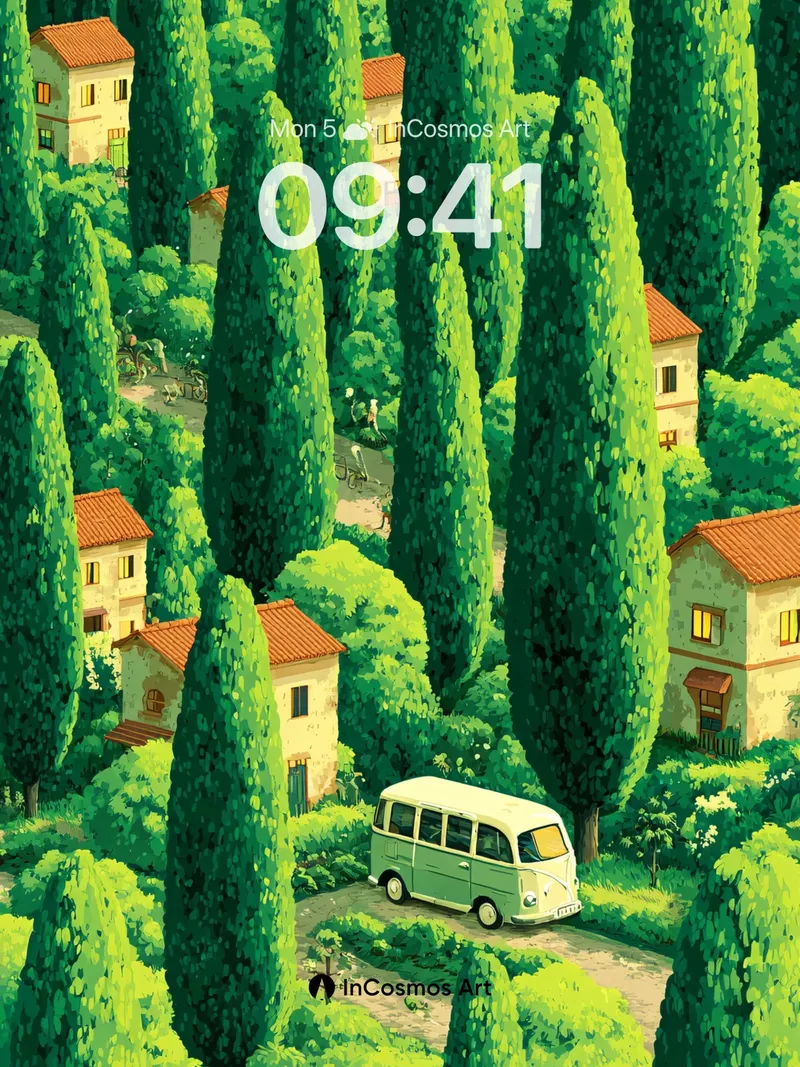 Cypress Whisper Wallpaper with Vintage Van