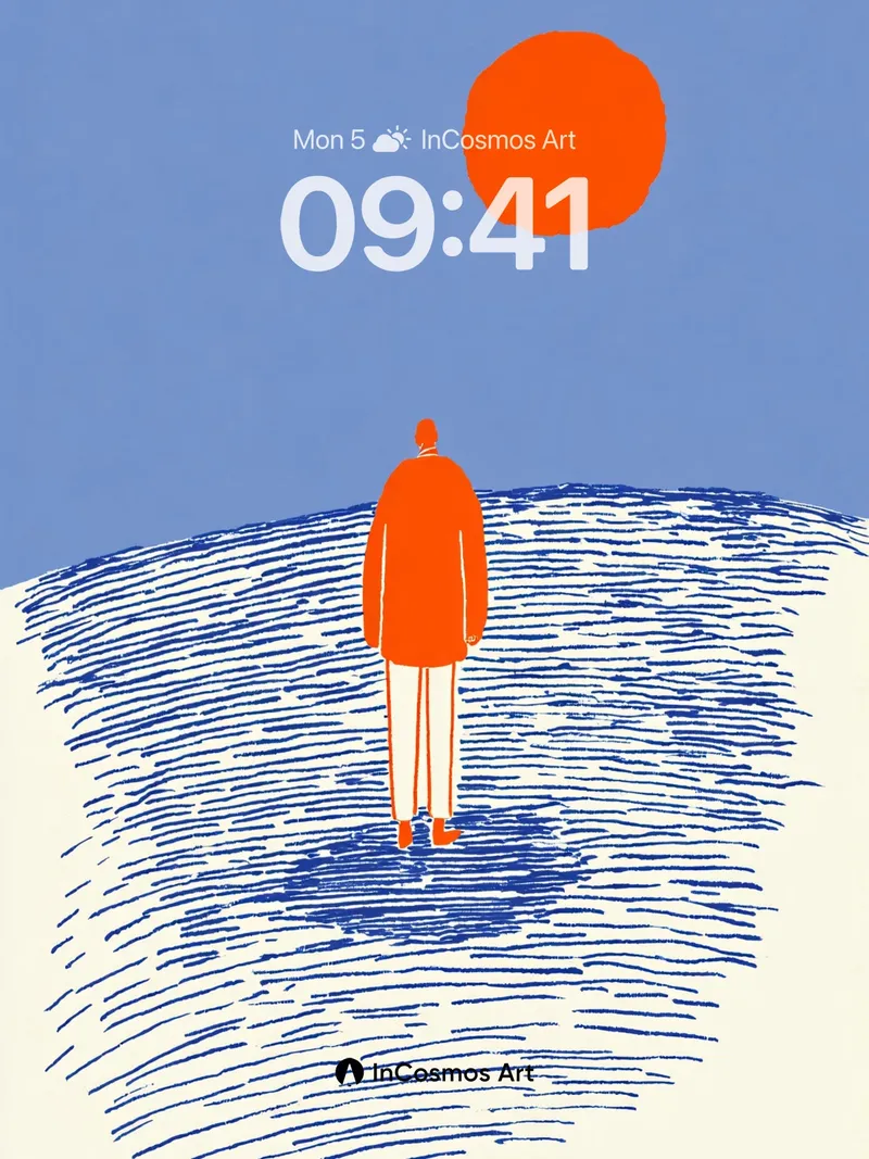 Solitary Orange Figure Wallpaper with Horizon Lines