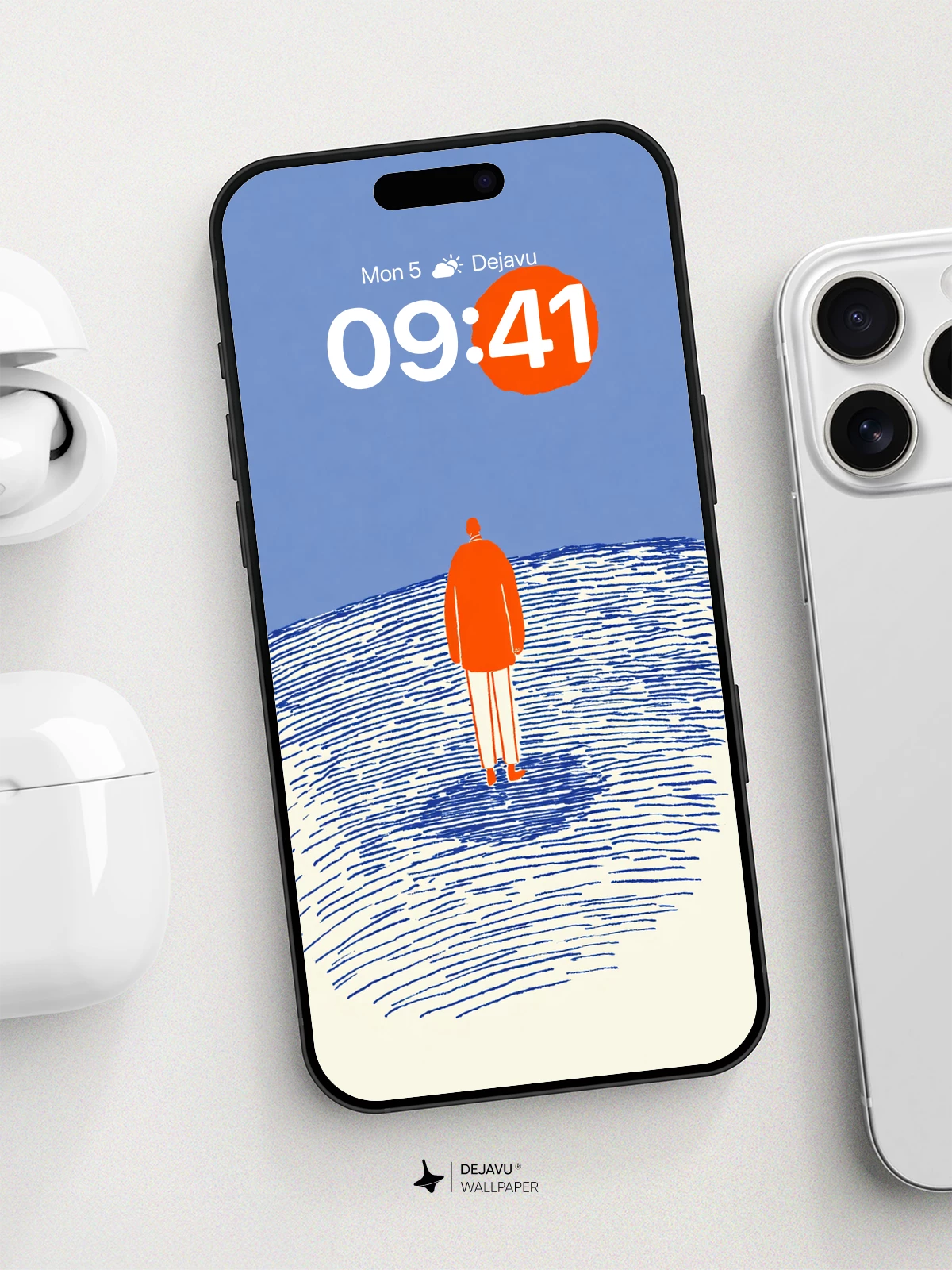 Minimalist Orange Figure Under Red Sun Wallpaper 8K