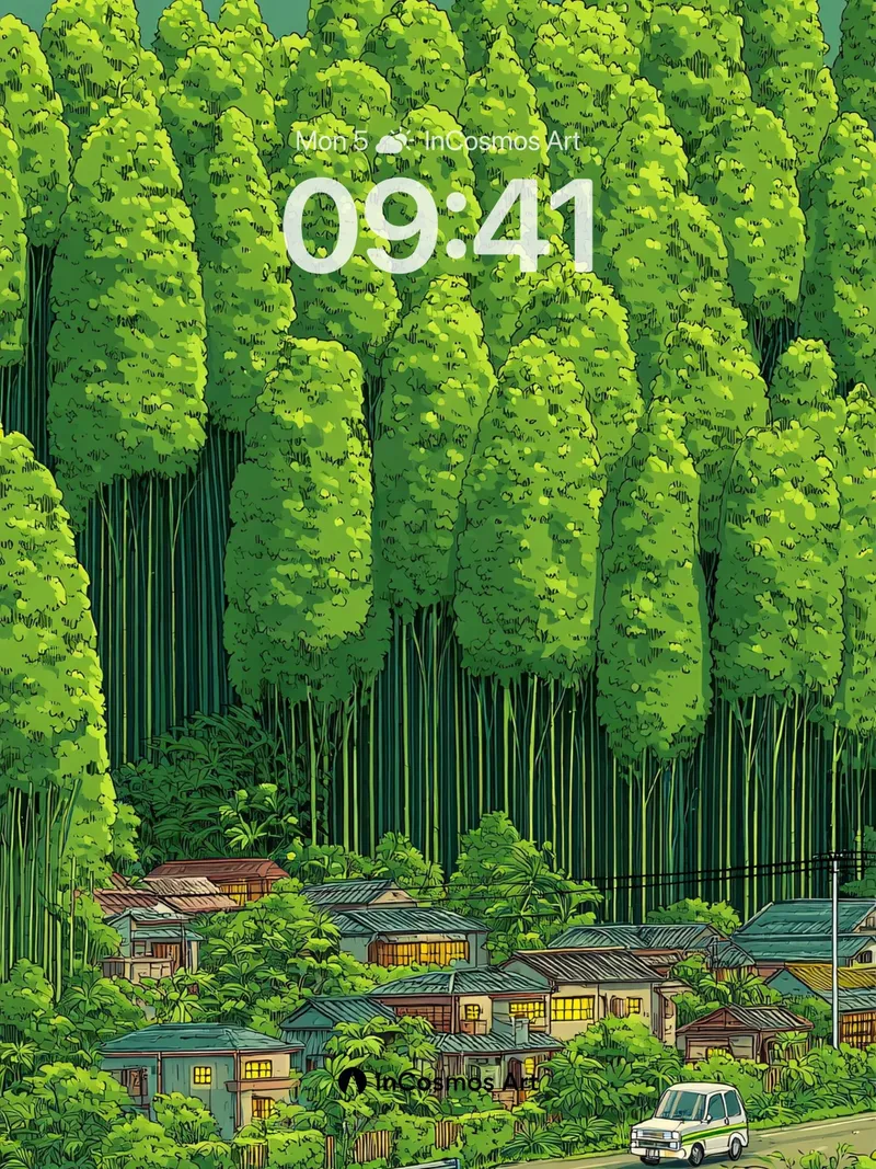Whispering Canopy Wallpaper with Hidden Village