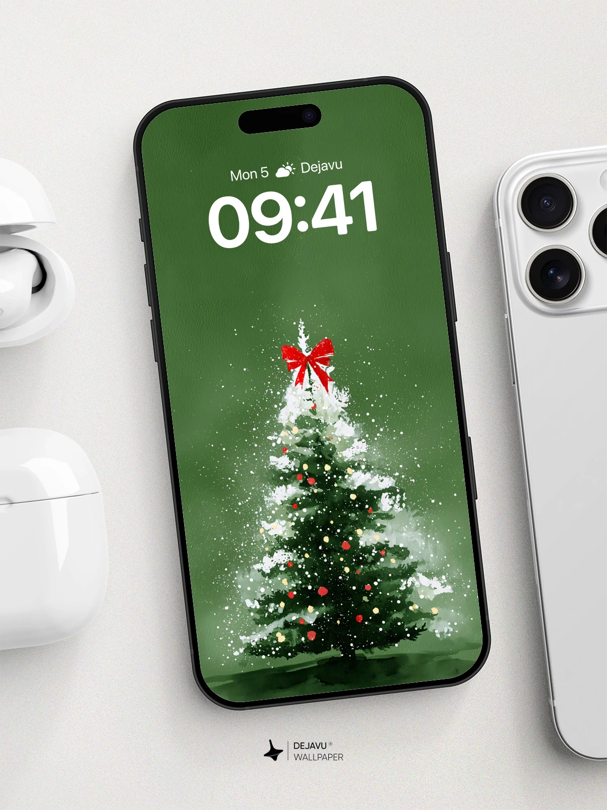 Festive Snowy Christmas Tree Wallpaper 8K for iPhone and Android