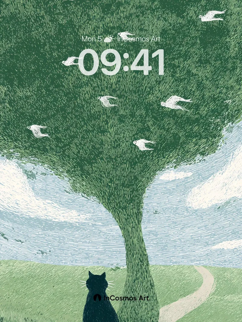 Serenity Tree Wallpaper with Floating Birds