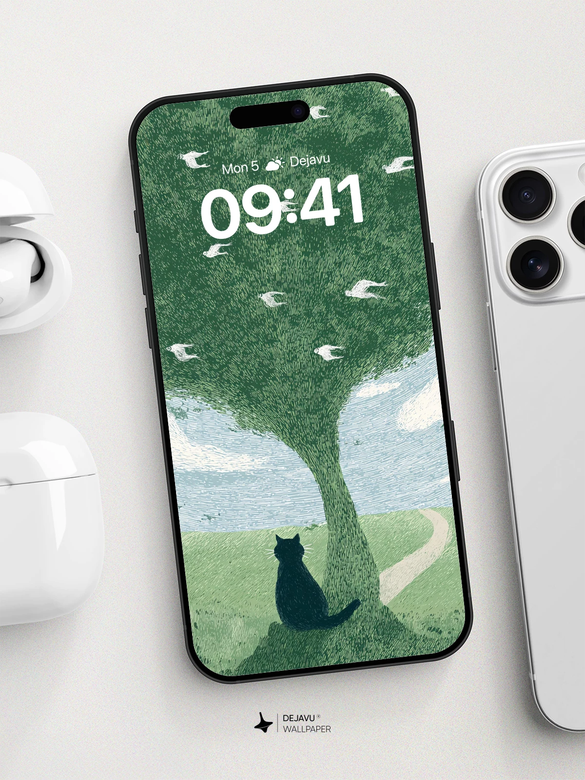 Whimsical Tree and Cat Wallpaper 8K for iPhone and Android