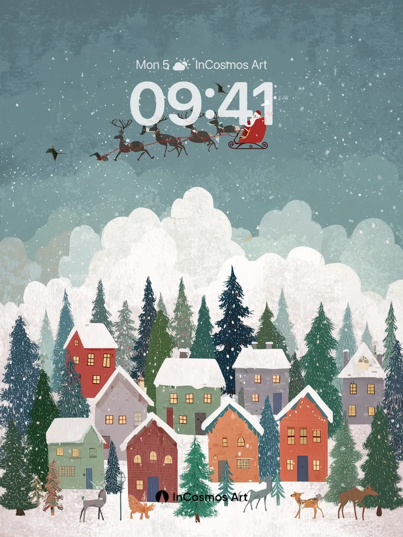 Frost-Kissed Village Wallpaper with Santa's Flight