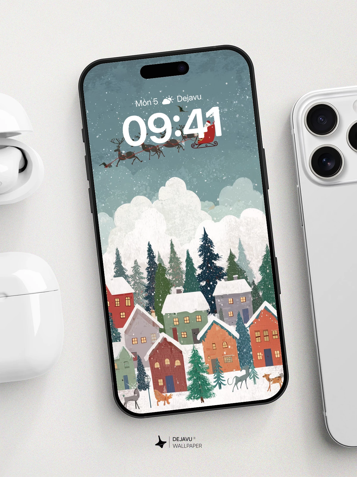 Christmas Village With Santa Sleigh Wallpaper 8K