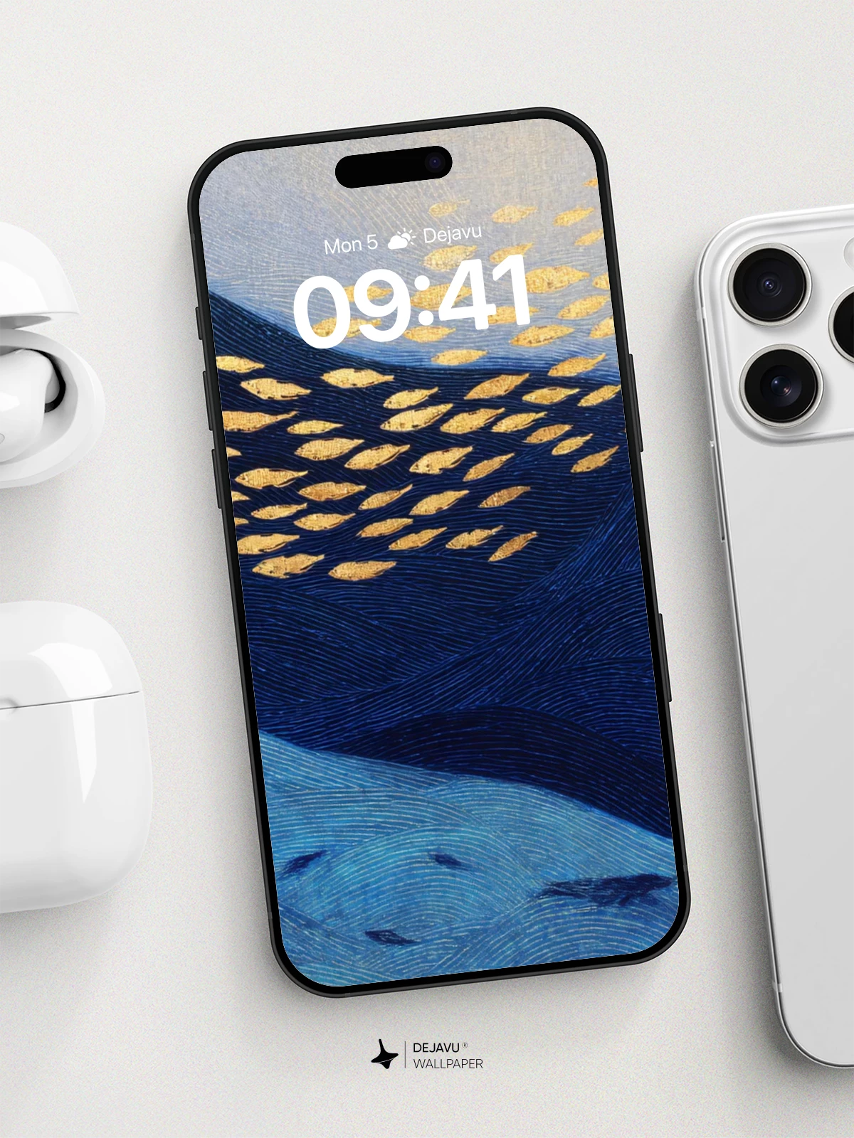 Golden Fish Swarm Over Mountain Wallpaper 8K