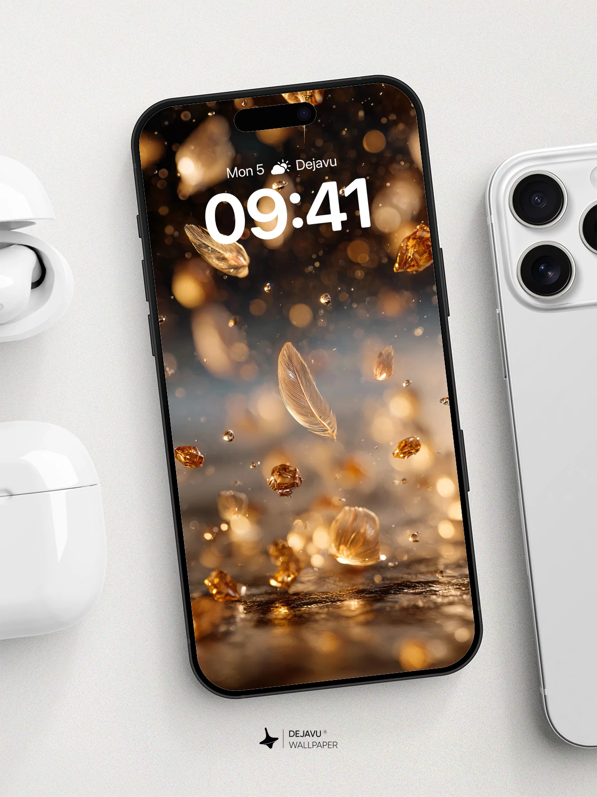 Golden Feathers & Amber Dust Wallpaper 8K for iPhone and Android