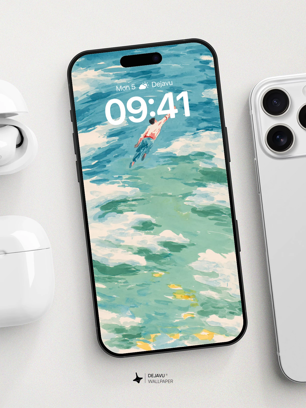 Serene Watercolor Swim Scene Wallpaper 8K for iPhone and Android