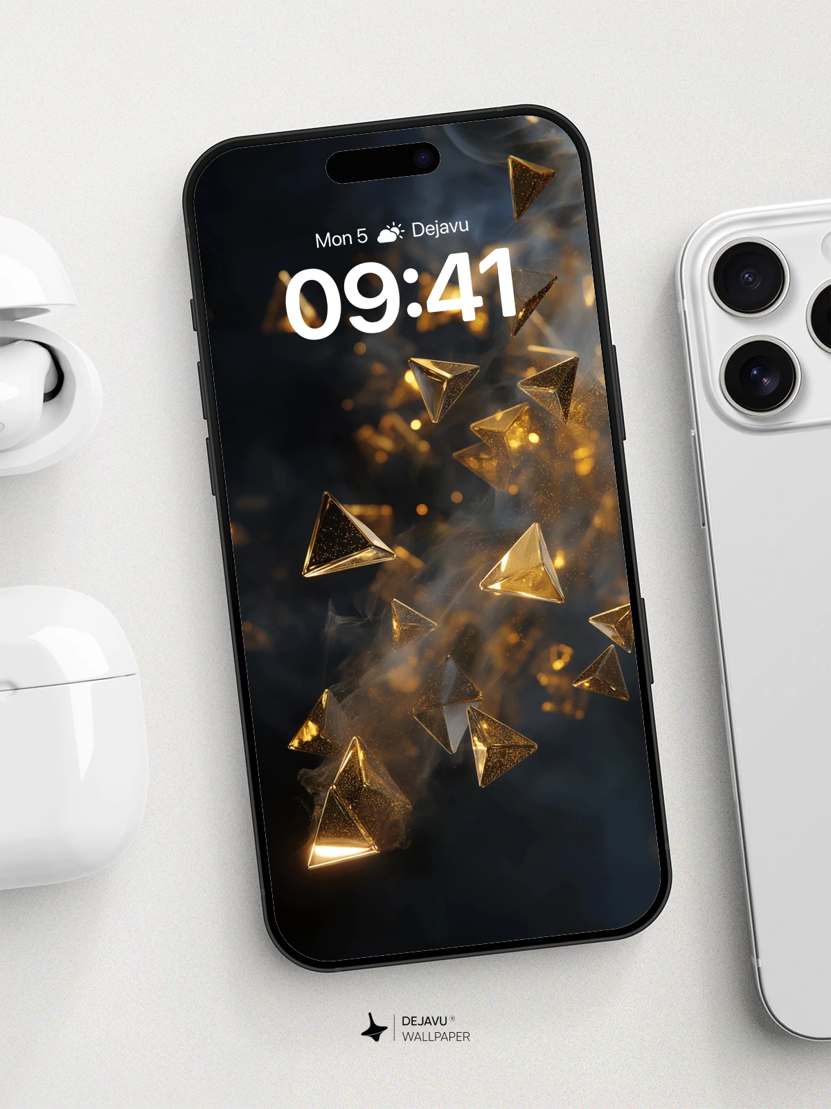 Golden Tetrahedrons Floating in Smoke Wallpaper 8K