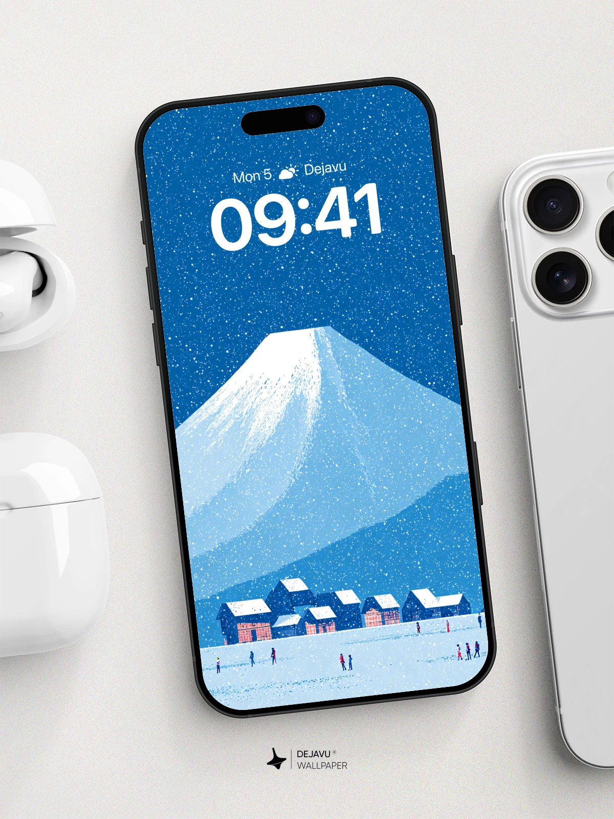 Snowy Mt. Fuji Village Wallpaper 8K for iPhone and Android